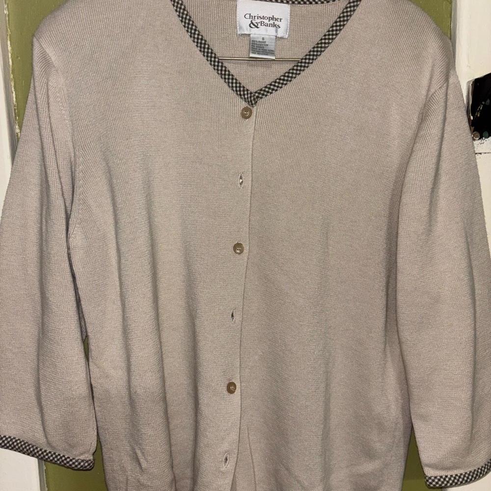 Christopher & Banks Taupe Cardigan with Checkered Trim